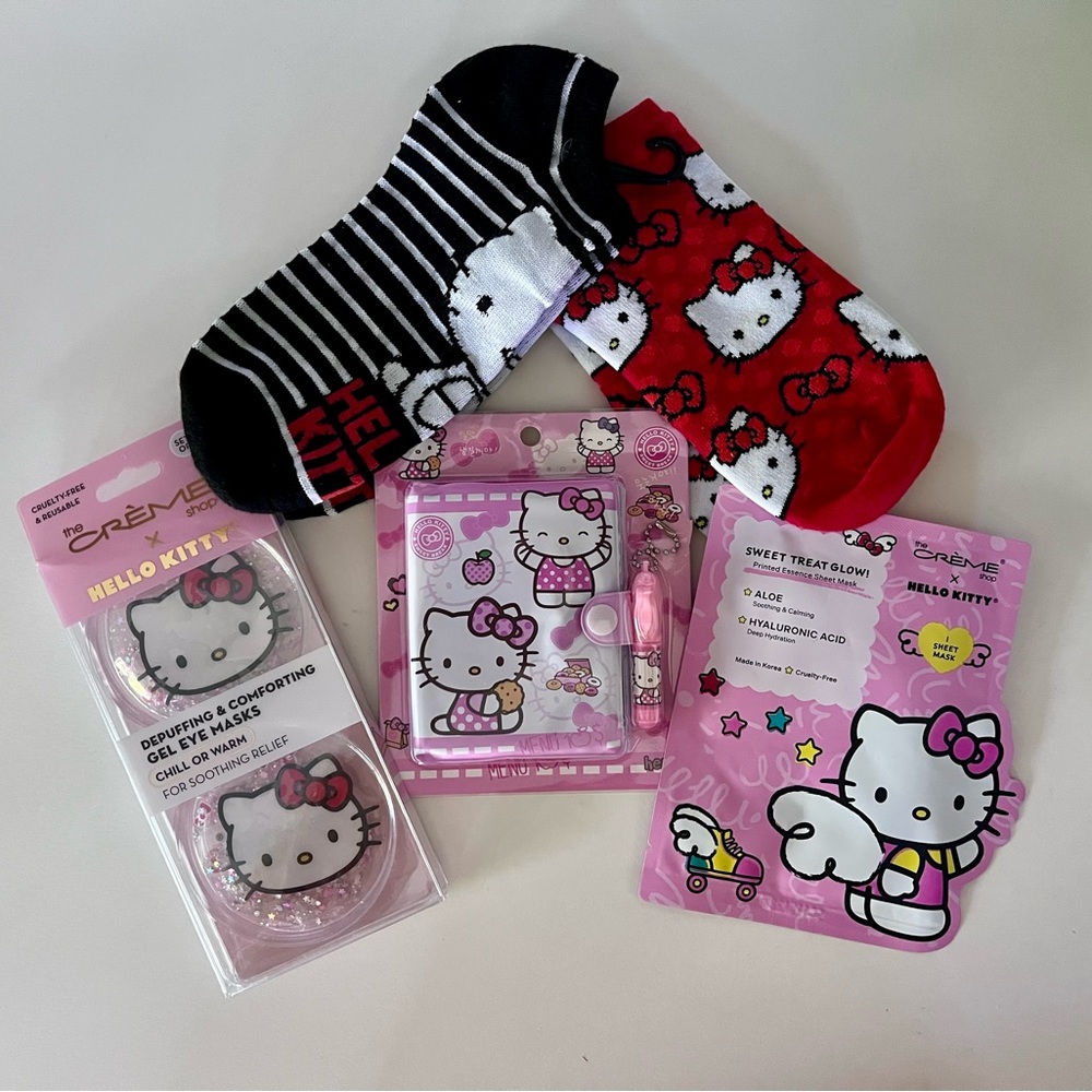 HELLO KITTY 5 PC Bundle NWT 2 Pr Socks, Face Mask Crémé Eye De-Puffer & Notebook - Picture 2 of 8